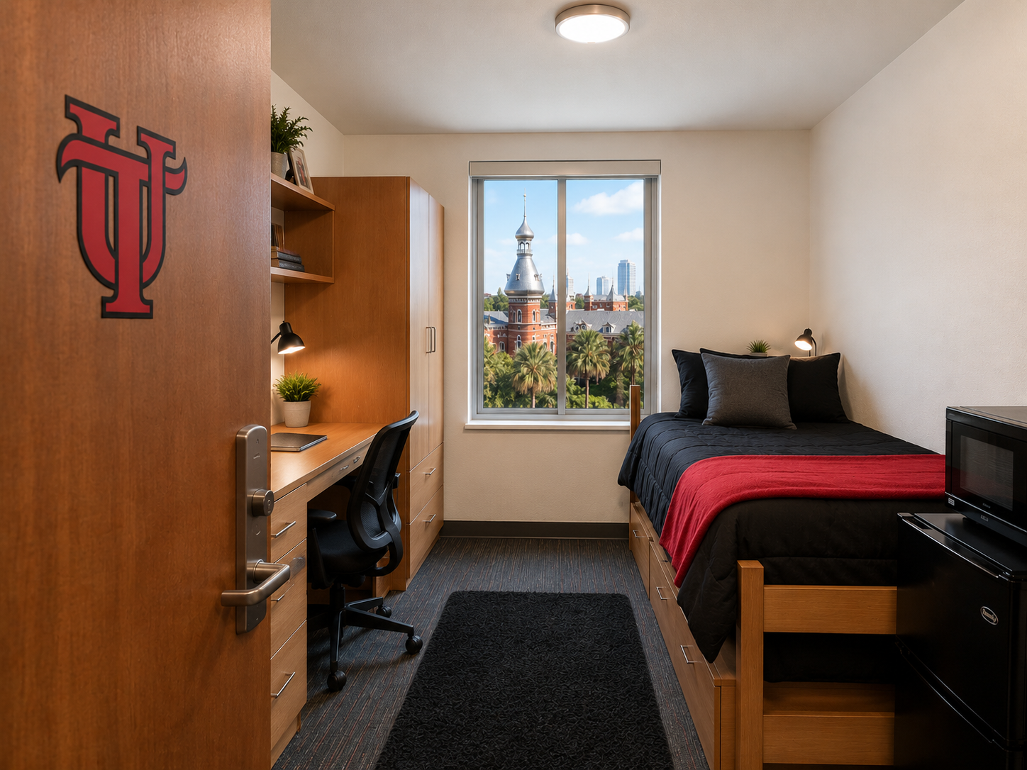 Staged University of Tampa dorm room with made bed, desk, and mini fridge